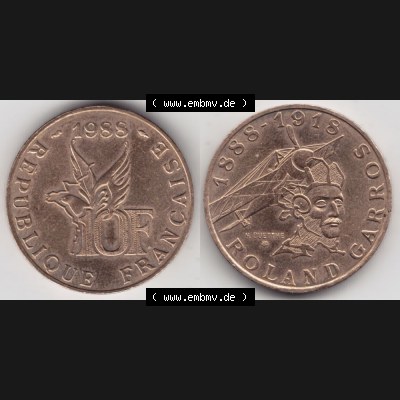 Münze Frankreich 1988-1988, 10 Francs Roland Garros. Vorderseite und Rückseite horizontal auf einen digitalen Bild der alten französischen Umlaufmünze aus Frankreich in... Sammlung