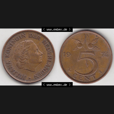 Münzen Niederlande Umlaufmünze 1950-1980, 5 Cent 1974, Bild mit horizontaler Vollansicht als Bildmaterial Sammlung