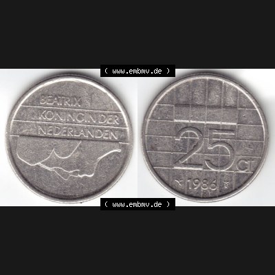 Münzen Niederlande Umlaufmünze 1986, 25 Cent, Bild mit horizontaler Vollansicht als Bildmaterial Sammlung