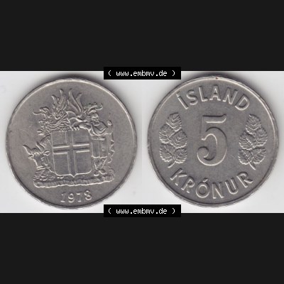 Münzen Island Umlaufmünze 1969-1980, 5 Kronur, Kronen 1978. Vorderseite und Rückseite horizontal auf einen digitalen Bild der alten Isländischen Umlaufmünze... Sammlung