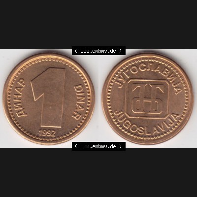 Münzen Jugoslawien Umlaufmünze 1992-1992, 1 Dinar, Anhap, Bild mit Vollansicht als Bildmaterial Sammlung