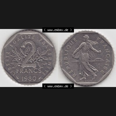 Münze Frankreich 1979-2001, 2 Francs 1980 Säerin Semeuse. Vorderseite und Rückseite horizontal auf einen digitalen Bild der alten französischen Umlaufmünze aus Frankreich... Sammlung