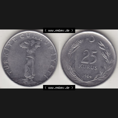 Münzen Türkei Umlaufmünze 1960-1966, 25 Kurus 1964, Bild mit Vollansicht als Bildmaterial Sammlung