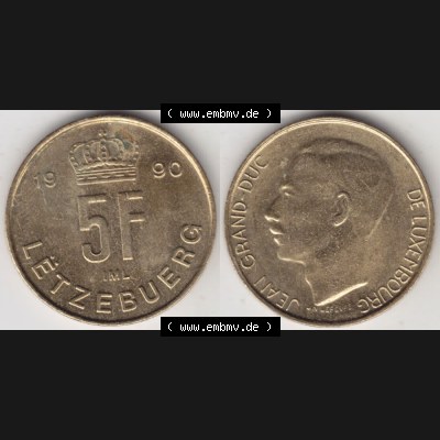 Münzen Luxemburg Umlaufmünze 1989-1995, 5 Franken - Francs 1990, Bild mit Vollansicht Sammlung