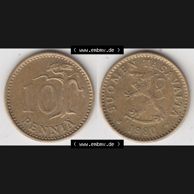 Münzen Finnland Umlaufmünze 1963-1982, 10 Penniä, 1980. Vorderseite und Rückseite horizontal auf einen digitalen Bild der alten finnischen Umlaufmünze aus Finnland... Sammlung