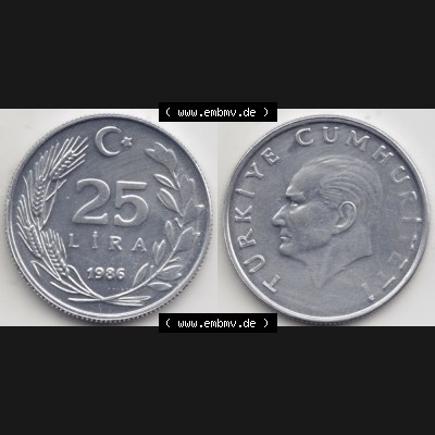 Münzen Türkei Umlaufmünze 1985-1989, 25 Lira - Lire 1986. Vorderseite und Rückseite der Münze der Türkei auf einen Digitalen Bild, als Bildmaterial für... Sammlung
