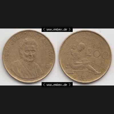 Münzen Italien Gedenkmünze 1980-1980, 200 Lire FAO - Internationales Jahr der Frau. Vorderseite und Rückseite horizontal auf einen digitalen Bild der alten italienischen Münze... Sammlung