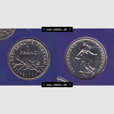 Münze Frankreich 2000, 1 Francs. Vorderseite und Rückseite horizontal auf einen digitalen Bild der alten französischen Umlaufmünze aus Frankreich in der Francs-Währung... Sammlung