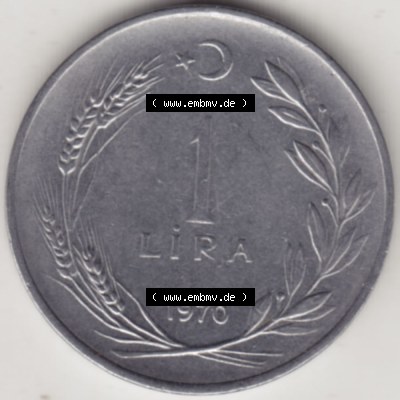 Münzen Türkei Umlaufmünze 1967-1980, 1 Lira 1970. Rückseite der Münze der Türkei als Bildmaterial für Sammler und Münzen-Webseiten hier im online Katalog... Sammlung