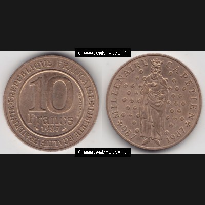 Münze Frankreich 1987-1987, 10 Francs 1000 Jahre König Hugo Capet erster König von Frankreich. Vorderseite und Rückseite horizontal auf einen digitalen Bild der alten französischen... Sammlung