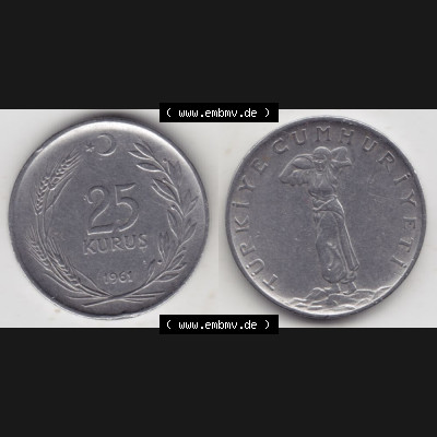 Münzen Türkei Umlaufmünze 1960-1966, 25 Kurus 1961. Vorderseite und Rückseite der Münze der Türkei auf einen Digitalen Bild, als Bildmaterial für Sammler... Sammlung