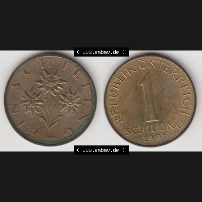 Münzen Österreich Umlaufmünze 1959-2001, 1 Schilling 1991 I., Münze aus Österreich mit Münzseiten Horizontal / Nebeneinander auf einen Bild für... Sammlung