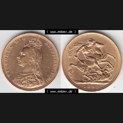 Münzen Großbritannien Goldmünze 1887-1892, 1 Pfund Sovereign 1892. Vorderseite und Rückseite horizontal auf einen digitalen Bild der alten britischen Goldmünze Sovereign... Sammlung