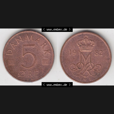 Münzen Dänemark Umlaufmünze 1982-1988, 5 Öre 1982 Kursmünzen. Vorderseite und Rückseite horizontal auf einen digitalen Bild der alten dänischen Umlaufmünze... Sammlung