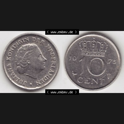 Münzen Niederlande Umlaufmünze 1950-1980, 10 Cent 1975, Bild mit horizontaler Vollansicht als Bildmaterial Sammlung