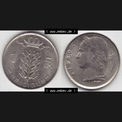 Münzen Belgien Umlaufmünze 1950-1988, 1 Franc 1980 Belgique. Vorderseite und Rückseite horizontal auf einen digitalen Bild der alten belgischen Francs Umlaufmünze aus Belgien... Sammlung