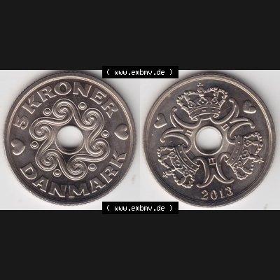 Münzen Dänemark Umlaufmünze 2013, 5 Kroner, Kronen. Vorderseite und Rückseite horizontal auf einen digitalen Bild der alten dänischen Umlaufmünze aus Dänemark... Sammlung