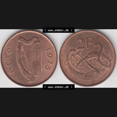 Münzen Irland Umlaufmünze 1971-1988, 2 Pence 1975. Vorderseite und Rückseite horizontal auf einen digitalen Bild der alten irischen Umlaufmünze aus Irland in Irische Pfund-Währung... Sammlung