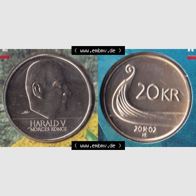 Münzen Norwegen Umlaufmünze 1994-2009, 20 KR, Kronen 2002, Münze aus Norwegen mit Münzseiten Horizontal / Nebeneinander auf einen Bild für Mobile-Geräte... Sammlung