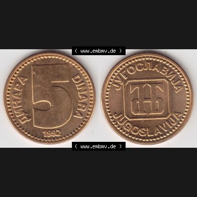 Münzen Jugoslawien Umlaufmünze 1992-1992, 5 Dinara, Anhapa, Dinar, Bild mit Vollansicht als Bildmaterial Sammlung