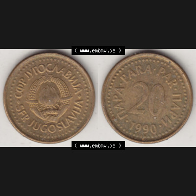 Münzen Jugoslawien Umlaufmünze 1990-1991, 20 Para 1990, Bild mit Vollansicht als Bildmaterial Sammlung