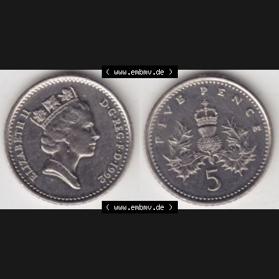 Münzen Großbritannien Umlaufmünze 1990-1997, 5 Pence 1992. Vorderseite und Rückseite horizontal auf einen digitalen Bild der alten britischen Münze aus Großbritannien... Sammlung