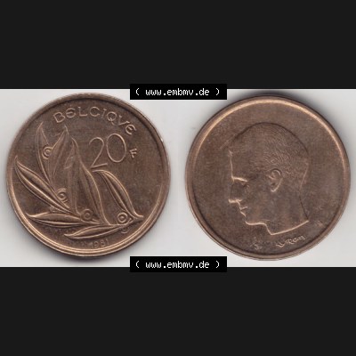 Münzen Belgien Umlaufmünze 1980-1993, 20 Francs 1981 Belgiqve. Vorderseite und Rückseite horizontal auf einen digitalen Bild der alten belgischen Francs Umlaufmünze aus... Sammlung