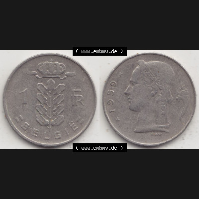 Münzen Belgien Umlaufmünze 1950-1988, 1 Francs-Franken 1959 Belgie. Vorderseite und Rückseite horizontal auf einen digitalen Bild der alten belgischen Francs Umlaufmünze... Sammlung
