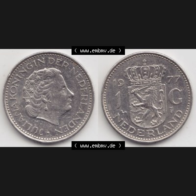 Münzen Niederlande Umlaufmünze 1967-1980, 1 Gulden 1977, Bild mit horizontaler Vollansicht als Bildmaterial Sammlung
