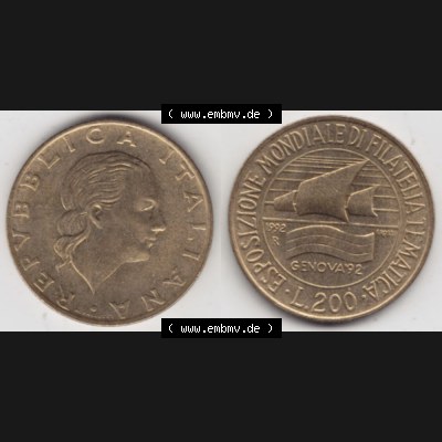 Münzen Italien Gedenkmünze 1992-1992, 200 Lire Briefmarkenausstellung in Genua, Bild mit Vollansicht zum Download Sammlung