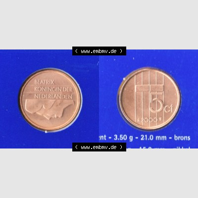 Münzen Niederlande Umlaufmünze 1982-2000, 5 Cent 2000, Bild mit Vollansicht Sammlung