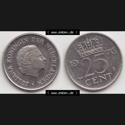 Münzen Niederlande Umlaufmünze 1950-1980, 25 Cent 1976, Bild mit horizontaler Vollansicht als Bildmaterial Sammlung