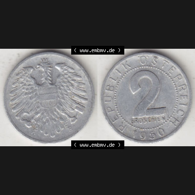 Münzen Österreich Umlaufmünze 1950-1994, 2 Groschen 1950, Münze aus Österreich mit Münzseiten Horizontal / Nebeneinander auf einen Bild für Mobile-Geräte... Sammlung