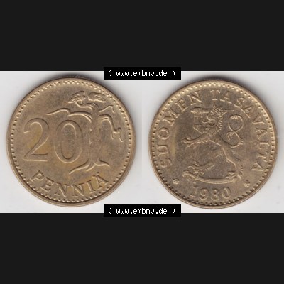 Münzen Finnland Umlaufmünze 1963-1990, 20 Penniä, 1980. Vorderseite und Rückseite horizontal auf einen digitalen Bild der alten finnischen Umlaufmünze aus Finnland... Sammlung