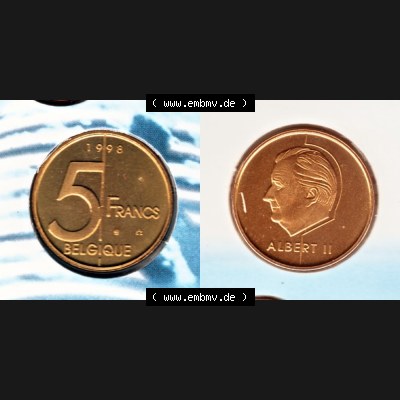 Münzen Belgien Umlaufmünze 1998, 5 Francs. Vorderseite und Rückseite horizontal auf einen digitalen Bild der alten belgischen Francs Umlaufmünze aus Belgien vor Einführung... Sammlung