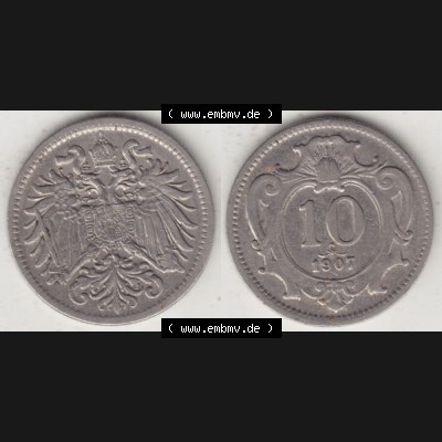 Münzen Österreich Umlaufmünze 1892-1911, 10 Heller 1907, Münze aus Österreich mit Münzseiten Horizontal / Nebeneinander auf einen Bild für Mobile-Geräte... Sammlung