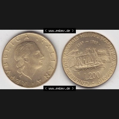 Münzen Italien Gedenkmünze 1989-1989, 200 Lire Marinebasis Tarent. Vorderseite und Rückseite horizontal auf einen digitalen Bild der alten italienischen Münze aus Italien... Sammlung