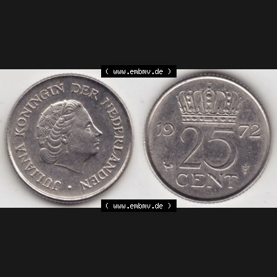 Münzen Niederlande Umlaufmünze 1950-1980, 25 Cent 1972, Bild mit horizontaler Vollansicht als Bildmaterial Sammlung