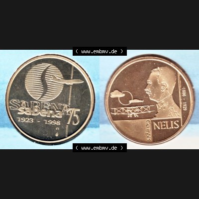 Münzen Belgien Umlaufmünze 1998, Medaille Sabena 75, 1923-1998. Vorderseite und Rückseite horizontal auf einen digitalen Bild der alten belgischen Francs Umlaufmünze... Sammlung