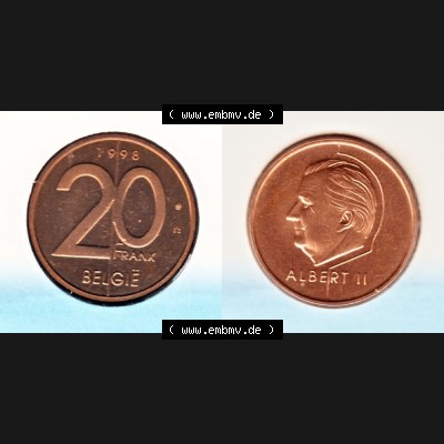 Münzen Belgien Umlaufmünze 1998, 20 Frank. Vorderseite und Rückseite horizontal auf einen digitalen Bild der alten belgischen Francs Umlaufmünze aus Belgien vor Einführung... Sammlung