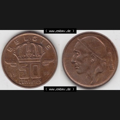 Münzen Belgien Umlaufmünze 1958-2001, 50 Centines 1992 Belgie. Vorderseite und Rückseite horizontal auf einen digitalen Bild der alten belgischen Francs Umlaufmünze aus... Sammlung