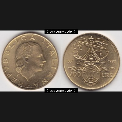 Münzen Italien Gedenkmünze 1997-1997, 200 Lire Italienische Meeresliga. Vorderseite und Rückseite horizontal auf einen digitalen Bild der alten italienischen Münze aus... Sammlung