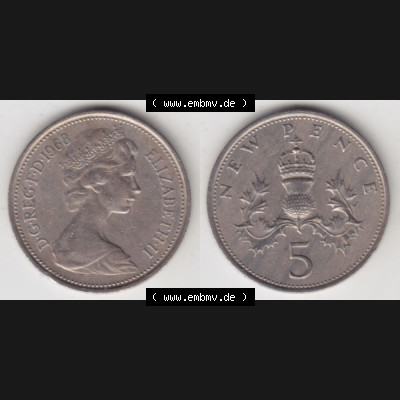 Münzen Großbritannien Umlaufmünze 1968-1981, 5 New Pence 1968. Vorderseite und Rückseite horizontal auf einen digitalen Bild der alten britischen Münze aus Großbritannien... Sammlung