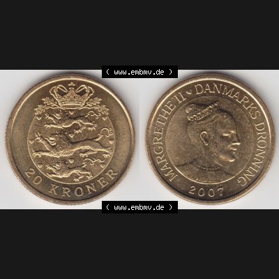 Münzen Dänemark Umlaufmünze 2007, 20 Kroner, Kronen. Vorderseite und Rückseite horizontal auf einen digitalen Bild der alten dänischen Umlaufmünze aus Dänemark... Sammlung