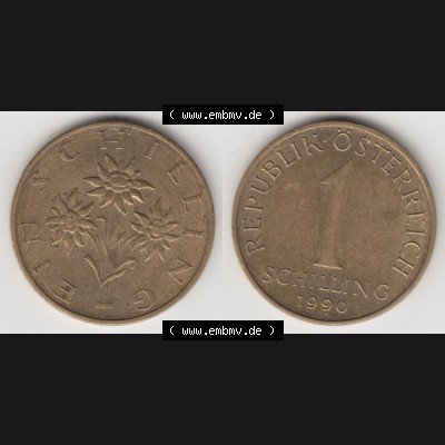 Münzen Österreich Umlaufmünze 1959-2001, 1 Schilling 1990, Münze aus Österreich mit Münzseiten Horizontal / Nebeneinander auf einen Bild für Mobile-Geräte... Sammlung
