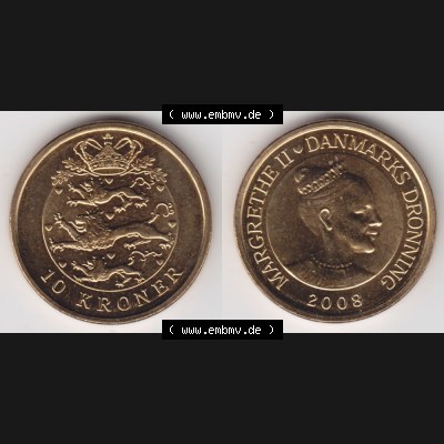 Münzen Dänemark Umlaufmünze 2008, 10 Kroner, Kronen. Vorderseite und Rückseite horizontal auf einen digitalen Bild der alten dänischen Umlaufmünze aus Dänemark... Sammlung