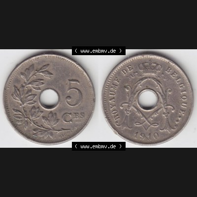 Münzen Belgien Umlaufmünze 1910-1932, 5 Ces, Centimes Koninkrijk Belgie. Vorderseite und Rückseite horizontal auf einen digitalen Bild der alten belgischen Francs Umlaufmünze... Sammlung