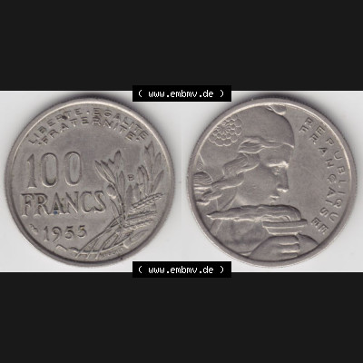 Münze Frankreich 1954-1958, 100 Francs, Franken Typ I. 1955. Vorderseite und Rückseite horizontal auf einen digitalen Bild der alten französischen Umlaufmünze... Sammlung