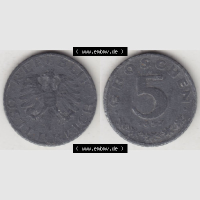 Münzen Österreich Umlaufmünze 1948-1994, 5 Groschen 1957, Münze aus Österreich mit Münzseiten Horizontal / Nebeneinander auf einen Bild für Mobile-Geräte... Sammlung