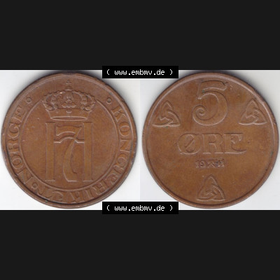 Münzen Norwegen Umlaufmünze 1908-1952, 5 Öre 1941, Münze aus Norwegen mit Münzseiten Horizontal / Nebeneinander auf einen Bild für Mobile-Geräte als Bildmaterial... Sammlung
